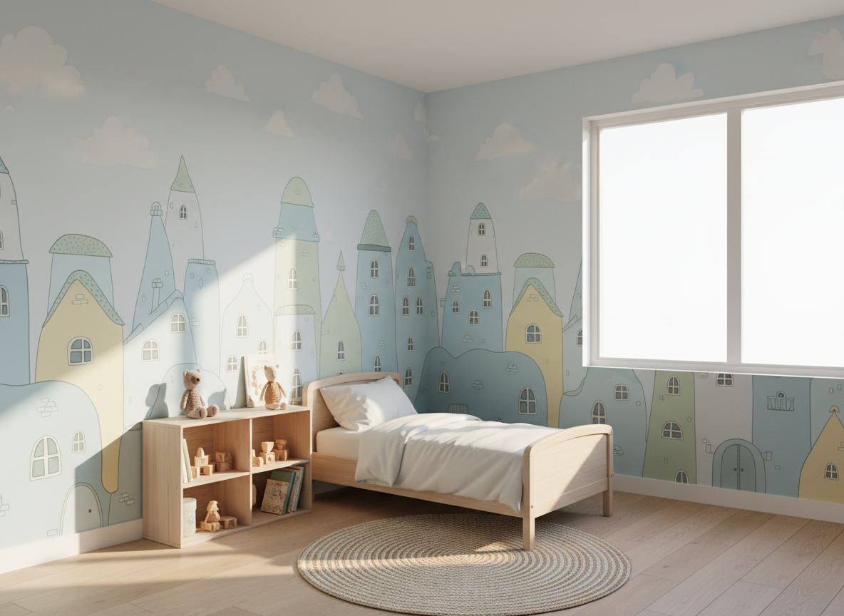 A cozy, modern children’s bedroom with a smooth pastel-colored accent wall completely covered by a vertical print of a whimsical, high-definition illustrated cityscape. The buildings are detailed yet soft, in gentle blues, yellows, and greens, wrapping seamlessly around a corner without distortion. A small wooden bed, shelves with toys, and a round rug sit neatly in front, all in neutral tones that let the mural dominate. Warm afternoon sunlight filters through a nearby window, creating a soft glow and subtle shadows on the printed surface. Photographic realism, captured from a slightly elevated wide angle, with a calm, inviting atmosphere that emphasizes how vertical wall printing can personalize and transform family spaces.