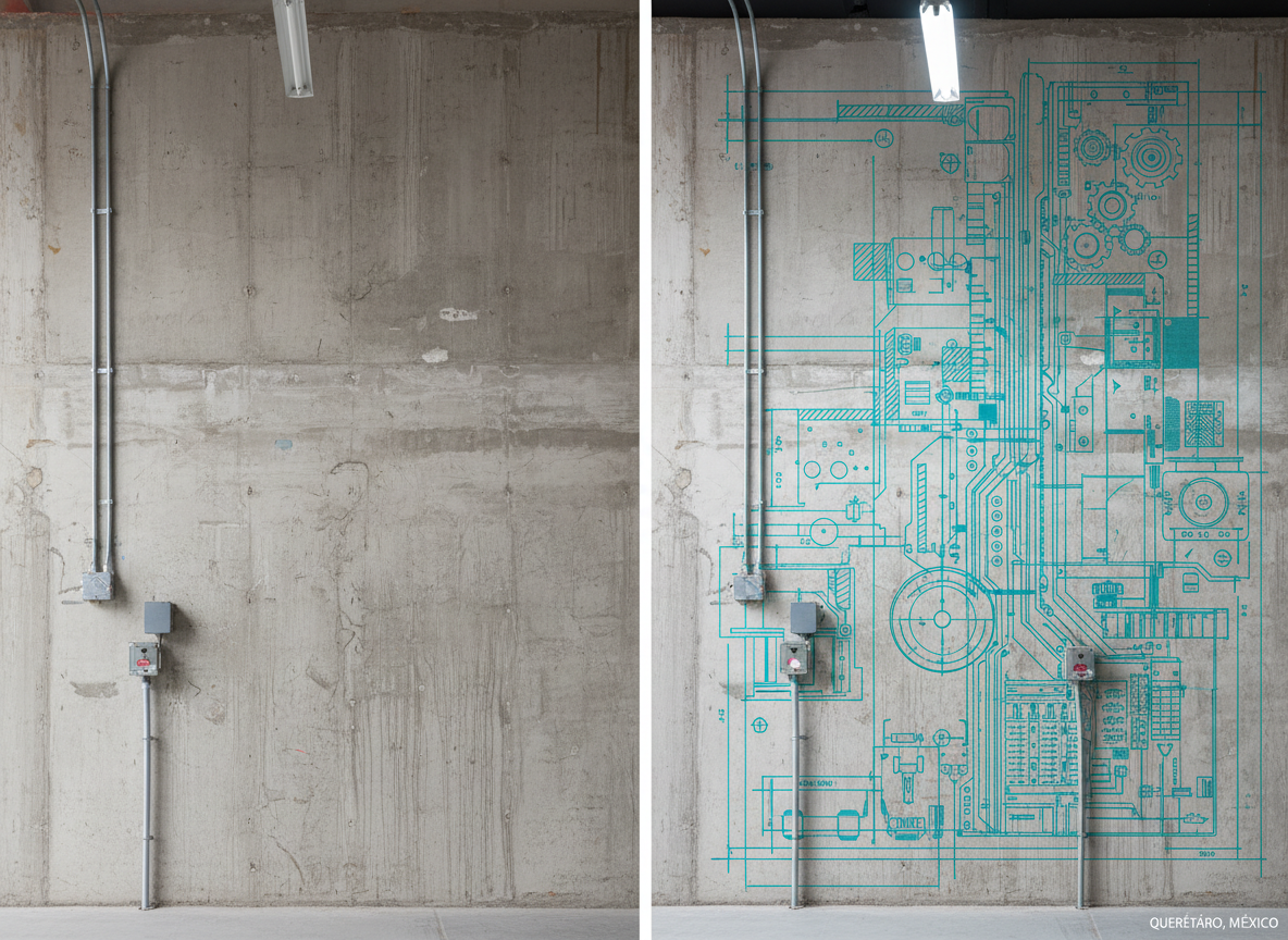 A split-screen before-and-after photographic composition of the same industrial warehouse wall in Querétaro. On the left, a dull, unfinished concrete wall with minor imperfections and neutral lighting. On the right, the identical wall transformed by a towering, high-resolution vertical print of a technical blueprint-style graphic in vivid cyan and white, perfectly aligned around existing conduits and fixtures. Cool overhead industrial lighting casts defined yet soft shadows, emphasizing the precise registration of the print. Shot straight-on with sharp focus and symmetrical framing, the mood is confident and innovative, highlighting the dramatic impact and accuracy of large-scale vertical wall printing in real-world industrial environments.