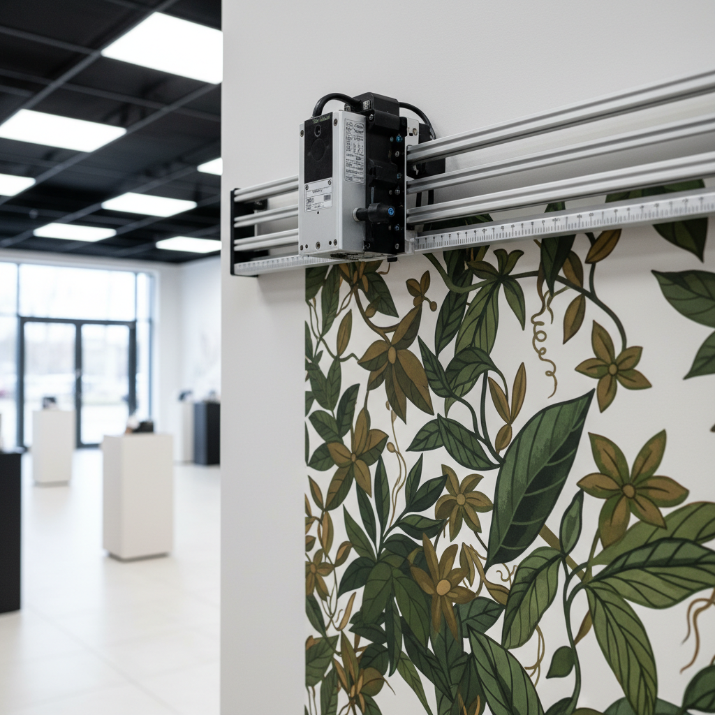 A close-up, documentary-style scene of a vertical wall printing machine in action inside a commercial showroom. The print head moves slowly along a tall, white interior wall, laying down a high-resolution botanical pattern in lush greens and earthy browns. Fine nozzles, guiding rails, and calibration markings are visible with crisp detail, while the already-printed section shows seamless gradients and sharp lines. Neutral studio-style lighting from overhead panels produces even illumination with minimal shadows, highlighting the precision machinery and ink on the wall. Photographic realism with shallow depth of field, focusing tightly on the print head and fresh print, conveys innovation, technical reliability, and the advanced process behind large-scale wall installations.