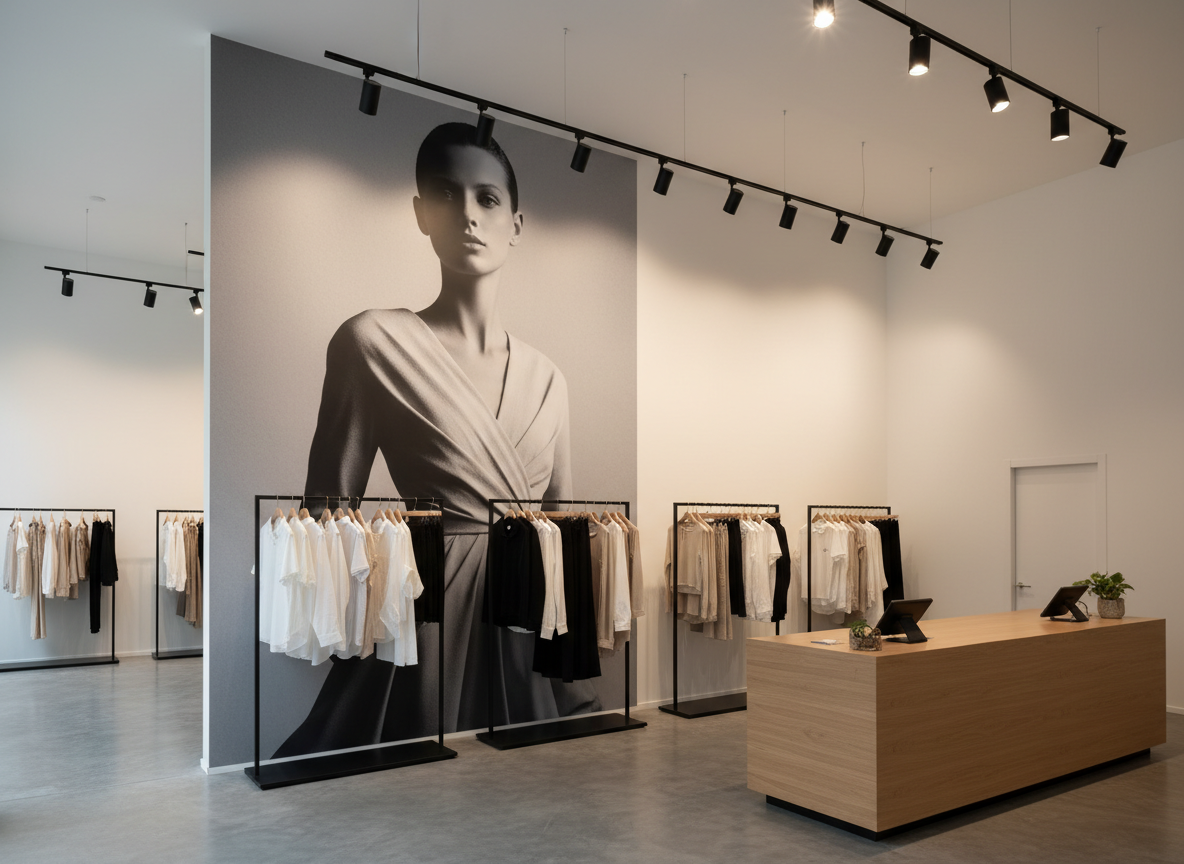 A sleek retail clothing store in Querétaro with a tall feature wall behind minimalist racks, showcasing a giant vertical print of a fashion-inspired, high-contrast black-and-white photograph. The image is razor sharp, with deep blacks and bright highlights, printed directly onto a smooth, matte wall surface running from polished floor to ceiling. Track lighting above casts focused beams that skim across the print, accentuating texture without glare. The surrounding area includes neatly spaced metal racks and a light wood checkout counter, all slightly out of focus. Photographic realism from a three-quarter angle, using rule-of-thirds composition, creates a dynamic, aspirational mood that demonstrates how vertical printing elevates commercial interiors.