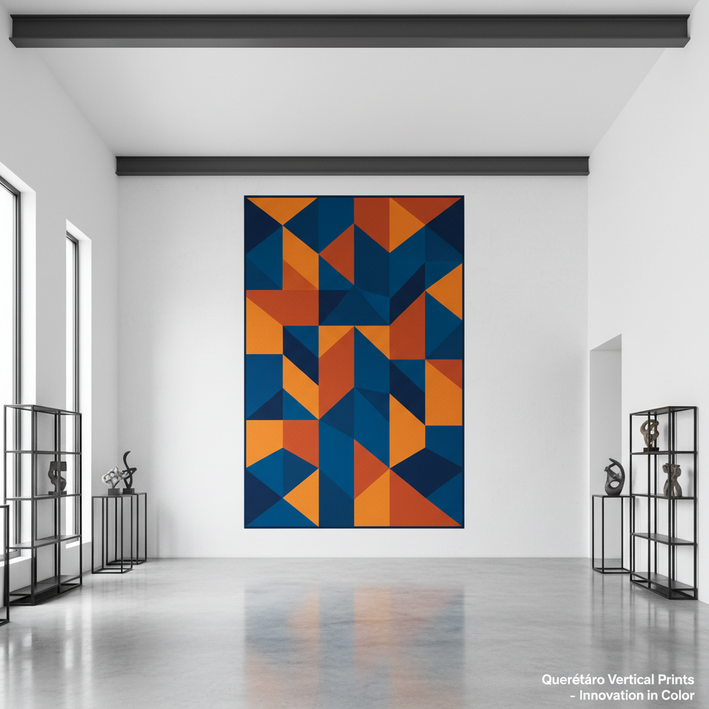 A large, pristine white interior wall in a modern Querétaro commercial space, freshly transformed with a high-definition vertical print of an abstract geometric design in deep blues and warm oranges. The ink appears seamlessly integrated into the wall texture, with crisp edges and rich color saturation. Surrounding elements include polished concrete floors, minimalist shelving, and subtle industrial details like exposed beams. Soft, diffused daylight from tall windows illuminates the mural, creating gentle reflections on nearby metal surfaces. Photographic realism at eye level, with sharp focus across the entire frame, conveys a professional, high-quality installation that feels clean, contemporary, and durable, ideal as a hero image for a vertical printing business.
