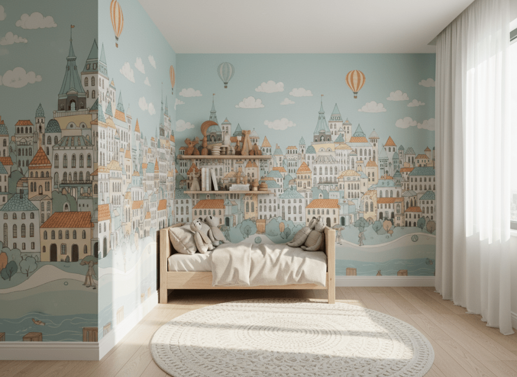 A cozy, modern children’s bedroom with a smooth pastel-colored accent wall completely covered by a vertical print of a whimsical, high-definition illustrated cityscape. The buildings are detailed yet soft, in gentle blues, yellows, and greens, wrapping seamlessly around a corner without distortion. A small wooden bed, shelves with toys, and a round rug sit neatly in front, all in neutral tones that let the mural dominate. Warm afternoon sunlight filters through a nearby window, creating a soft glow and subtle shadows on the printed surface. Photographic realism, captured from a slightly elevated wide angle, with a calm, inviting atmosphere that emphasizes how vertical wall printing can personalize and transform family spaces.
