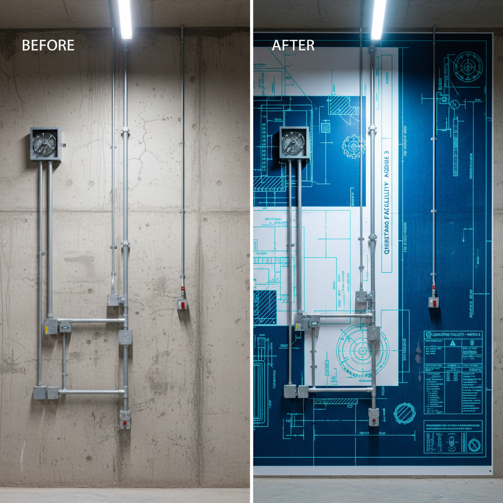A split-screen before-and-after photographic composition of the same industrial warehouse wall in Querétaro. On the left, a dull, unfinished concrete wall with minor imperfections and neutral lighting. On the right, the identical wall transformed by a towering, high-resolution vertical print of a technical blueprint-style graphic in vivid cyan and white, perfectly aligned around existing conduits and fixtures. Cool overhead industrial lighting casts defined yet soft shadows, emphasizing the precise registration of the print. Shot straight-on with sharp focus and symmetrical framing, the mood is confident and innovative, highlighting the dramatic impact and accuracy of large-scale vertical wall printing in real-world industrial environments.