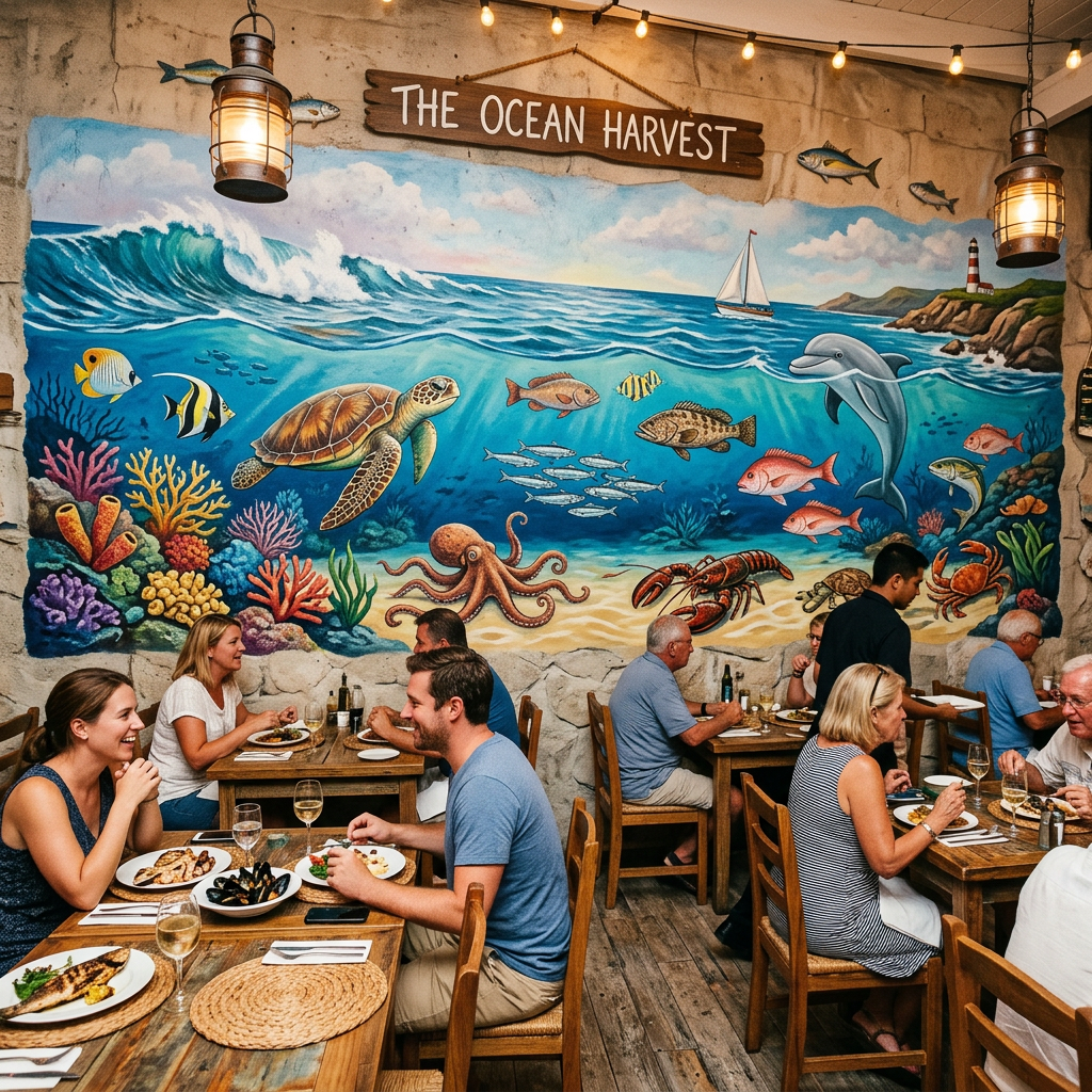 Restaurant interior with diners and colorful ocean mural showing marine life including turtle, dolphin, fish, and coral