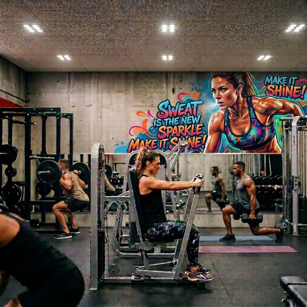 People exercising in a gym with a colorful mural of athletes illustrating strength, focus, and limitlessness